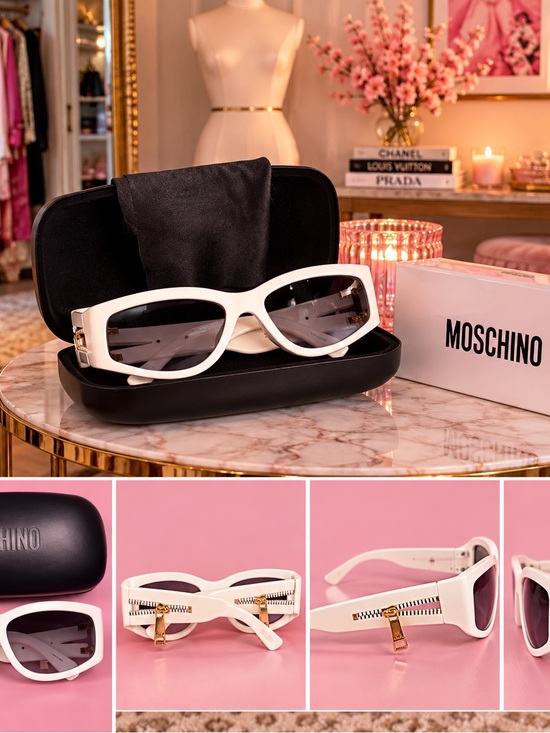 Moschino Accessories - Moschino White Frame Sunglasses with Gold Zip Accents